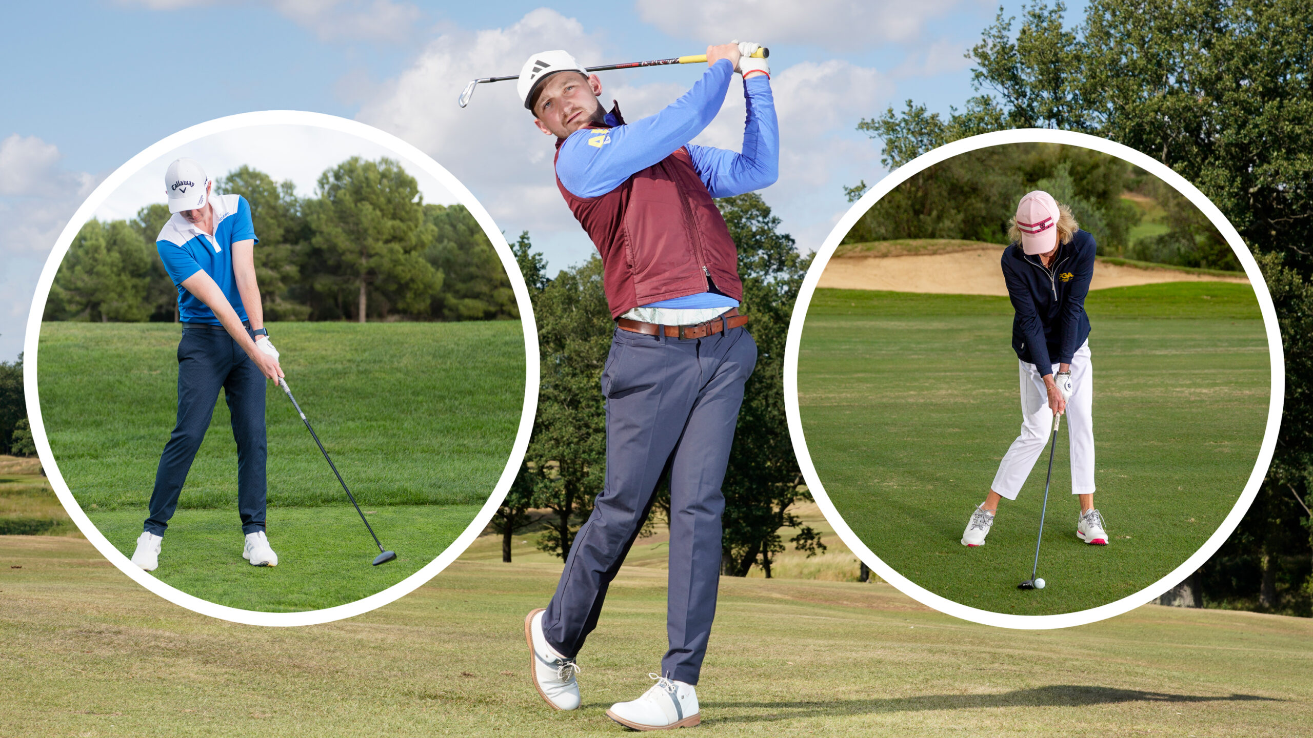 Alex Elliott in the finish position with a long iron, Sarah Bennett at impact in the golf swing with a hybrid, and Ben Emerson just past impact in the golf swing with a fairway wood