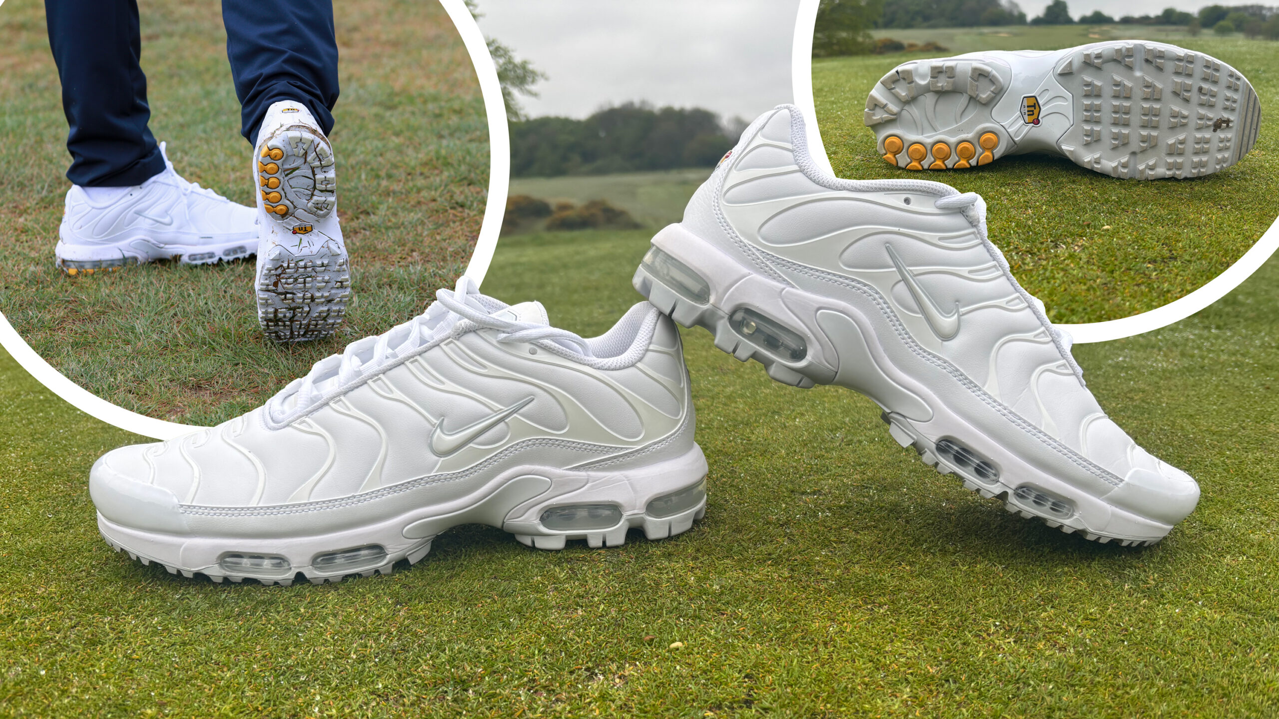 Nike Air Max Plus G Golf Shoes on the putting green at the Caversham Golf Club with inset images of Barry Plummer wearing the Nike Air Max Plus G Golf Shoes on the course and an image of the sole of the trainer showing the spikeless sole and TN logo