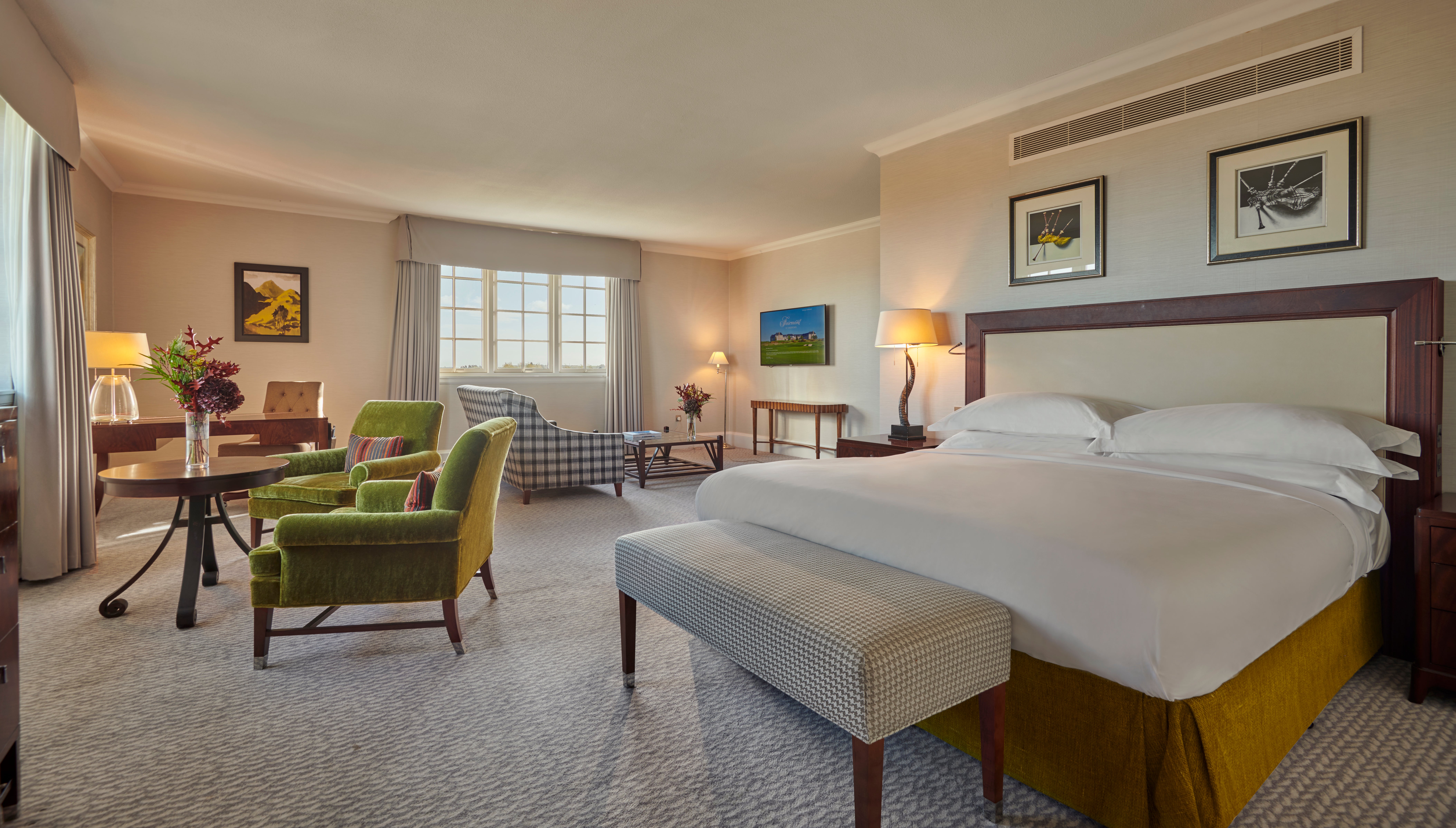The Deluxe Suite Sea View King rooms at Fairmont St Andrews hotel are stylishly designed and modern, with tradtional touches
