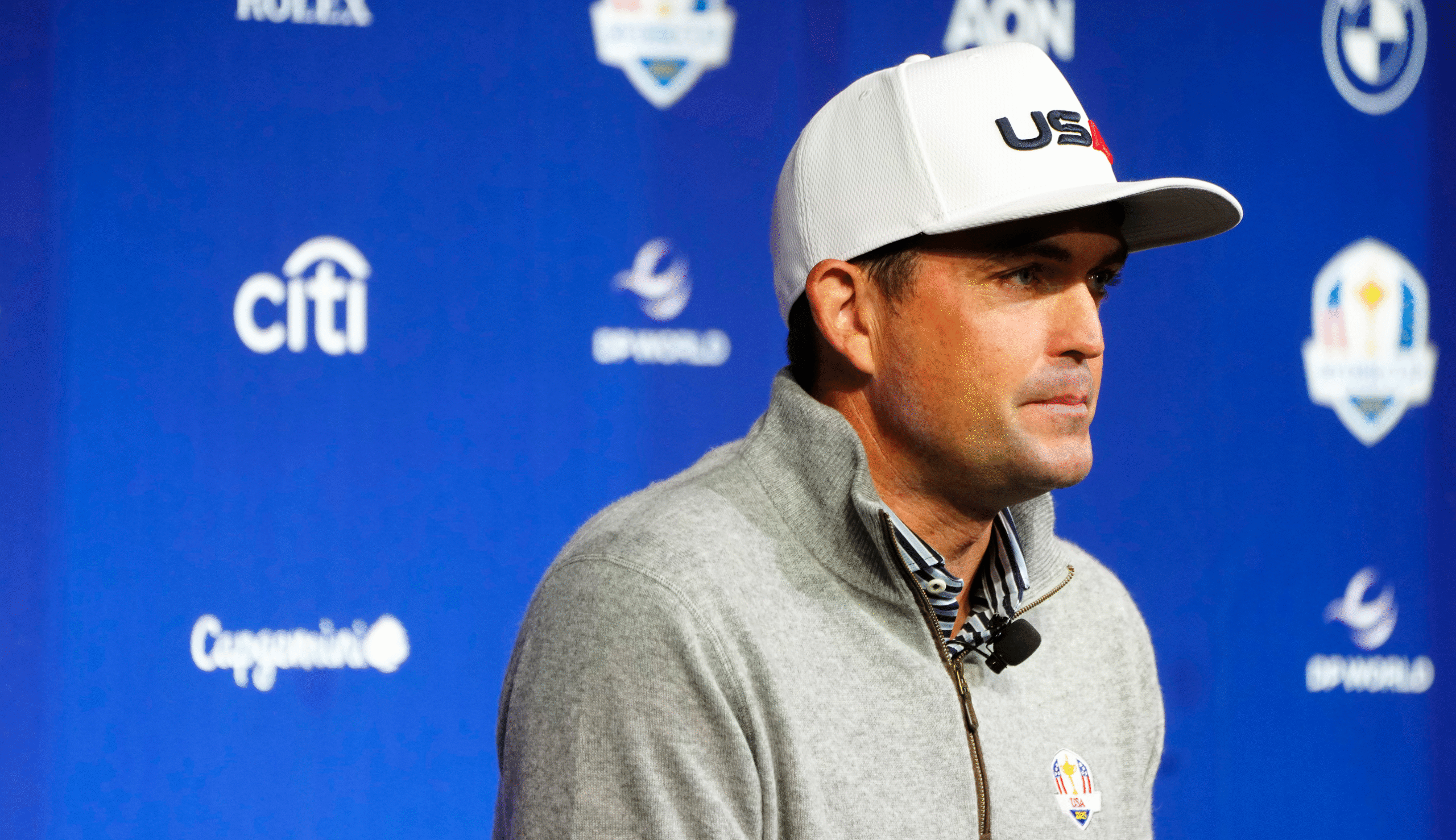 Keegan Bradley speaks to media at a Ryder Cup press conference