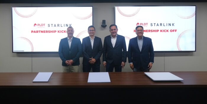 PLDT Enterprise reinforces its commitment to bridging the digital divide through Starlink’s satellite technology, enabling connectivity even in the most remote areas of the country. In photo (L–R): Chris White, Regional Sales Manager, Starlink APAC; Nico Alcoseba, First Vice President and Head of Enterprise Product Management and Global Capacity Strategy, PLDT Enterprise; Mitch Locsin, First Vice President and Head of Enterprise Core Business, PLDT and Smart; and Victor Genuino, President and CEO, ePLDT and VITRO Inc.