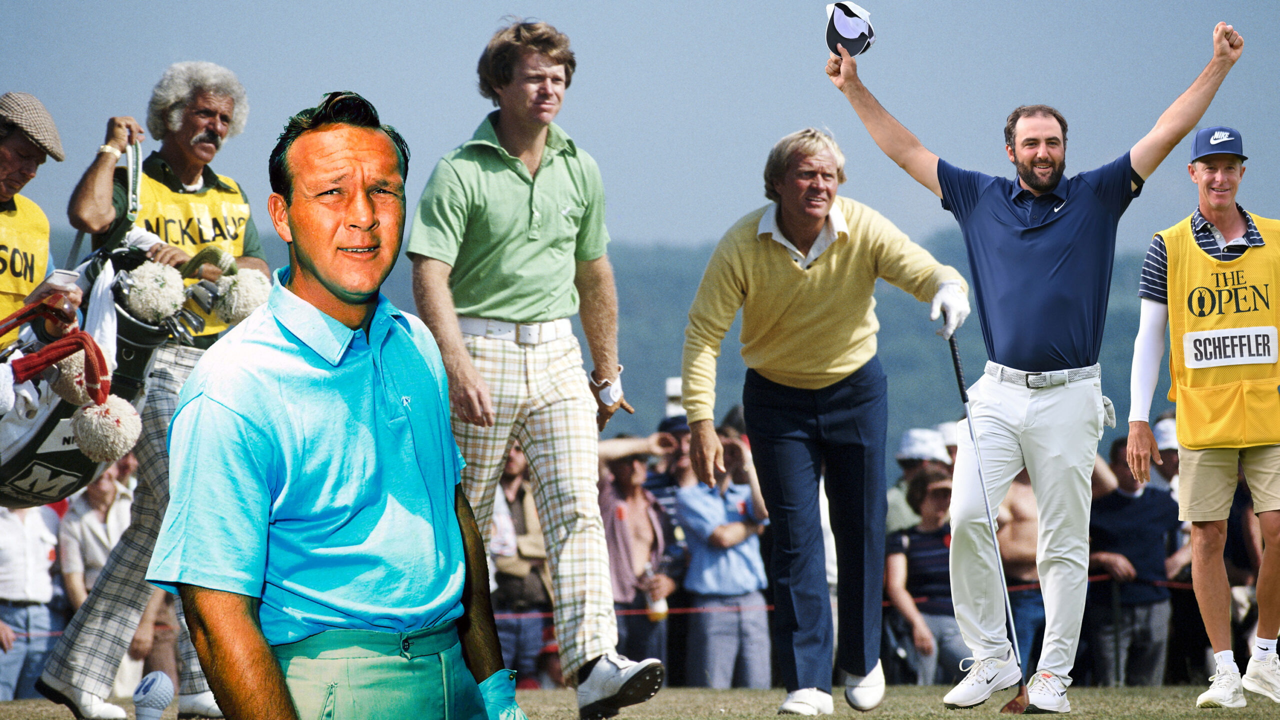 Ted Scott, Scottie Scheffler, Jack Nicklaus, Tom Watson, Arnold Palmer and two caddies in a montage image, with Scheffler celebrating his Open Championship win and Jack Nicklaus picking a tee out of the ground after teeing off in 1972